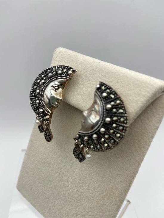 Vintage Suspicion Marcasite Sterling Silver Moon Goddess Earrings Pierced - Picture 4 of 9